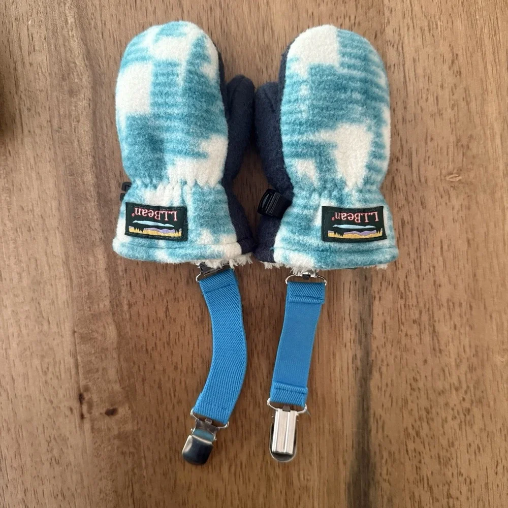 LL Bean Infant 6-12M Blue Fleece Sherpa Lined Trapper Hat & Mitten Set Toboggan